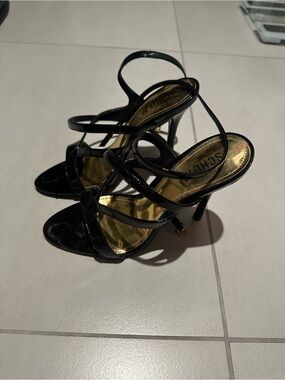 SCHUTZ Black Patent Strappy High Heel Sandals with Gold Insole